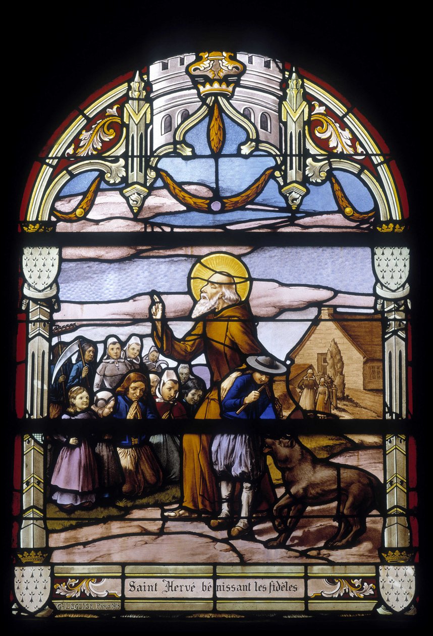 San Hervé bendiciendo a los fieles - vitrales de la iglesia de St Germain en Kerlaz de French School