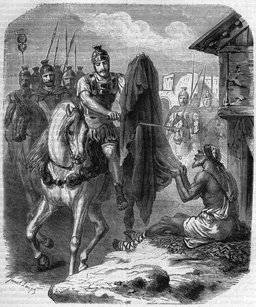 San Martín de Tours (San Martín de Tours, v. 316-397) partiendo su capa en dos para dársela a un pobre. Grabado en "Historia de los papas-reyes-reinas y emperadores a través de los siglos" por Maurice Lachatre de French School