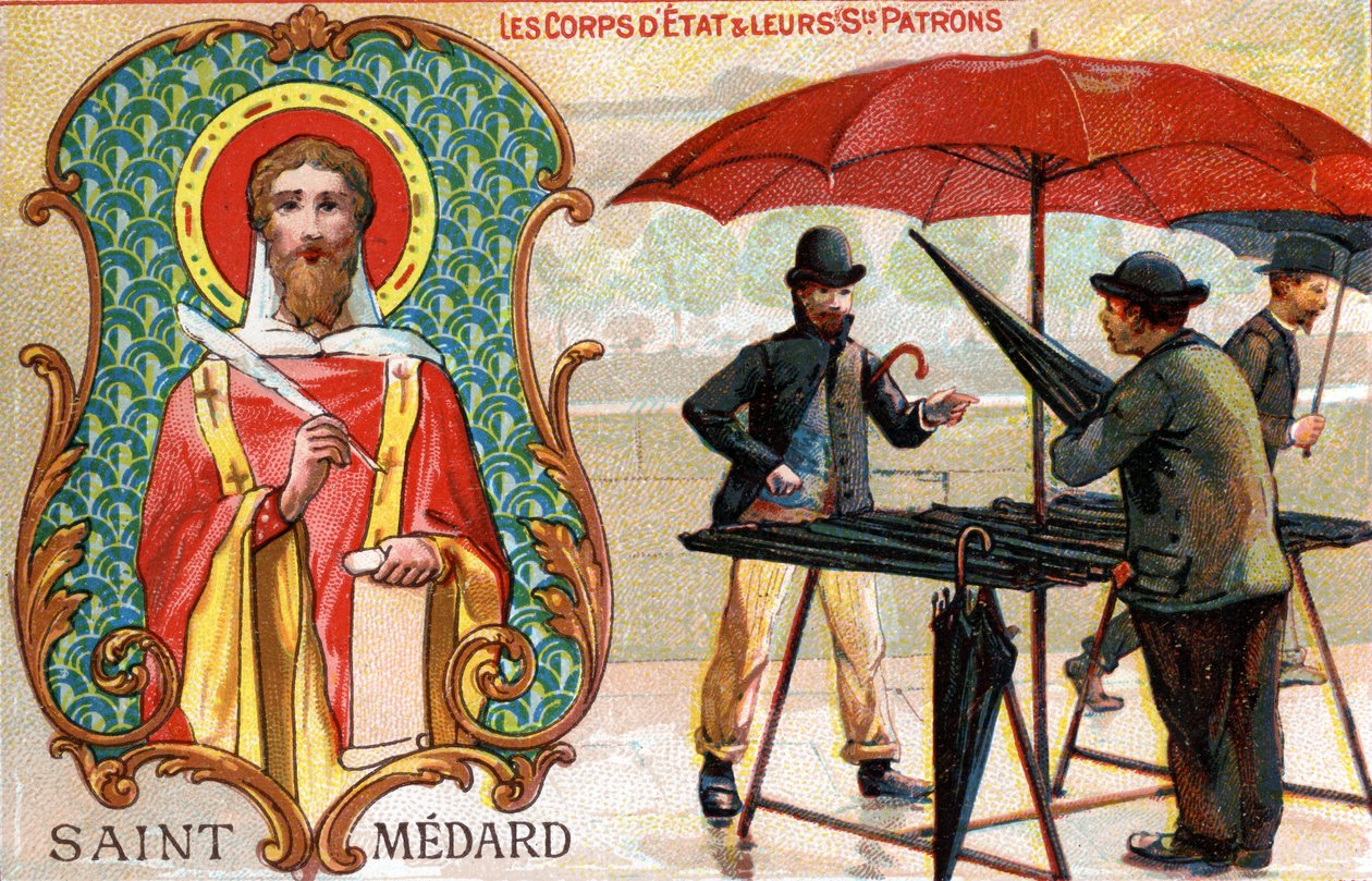 San Médard, patrón de los paragüeros, hacia 1910 (litografía en color) de French School