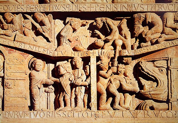 San Pedro recibe a los benditos en el cielo y los condenados caen en las fauces del infierno, (detalle) del Juicio Final en el Tímpano del Portal Oeste, c.1135 de French School