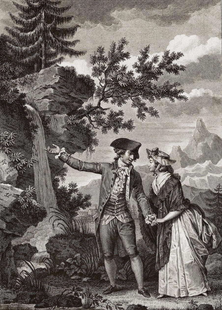 Saint Preux y Julie grabado de 1793 para “Julie ou la nouvelle Heloise” por el filósofo suizo Jean Jacques (Jean-Jacques) Rousseau (1712-1778) - Julie y Saint-Preux, ilustración de 