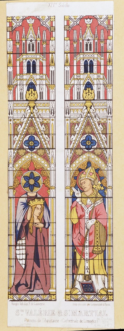 Santa Valeria, virgen y mártir de Limoges (siglo III) y San Marcial, eveque de Limoges (siglo III), patrones de Aquitania. Fac simile que reproduce las vidrieras de la Cathedrale de Limoges. de French School