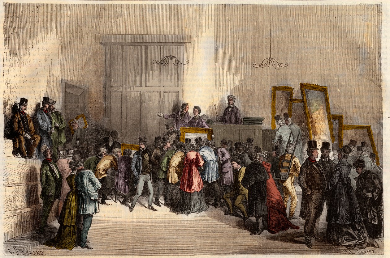 Venta de pinturas en el hotel de subastadores en París en 1868. Grabado en “L