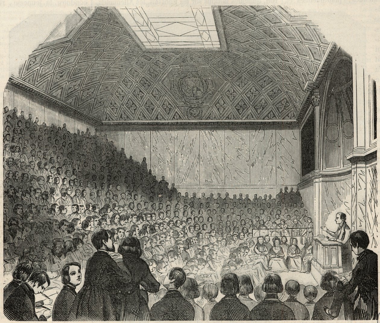 Sala de clases en el Colegio de Francia en París en el siglo XIX - Grabado en “Tableau-de-Paris” de Edmond Texier 1852 de French School