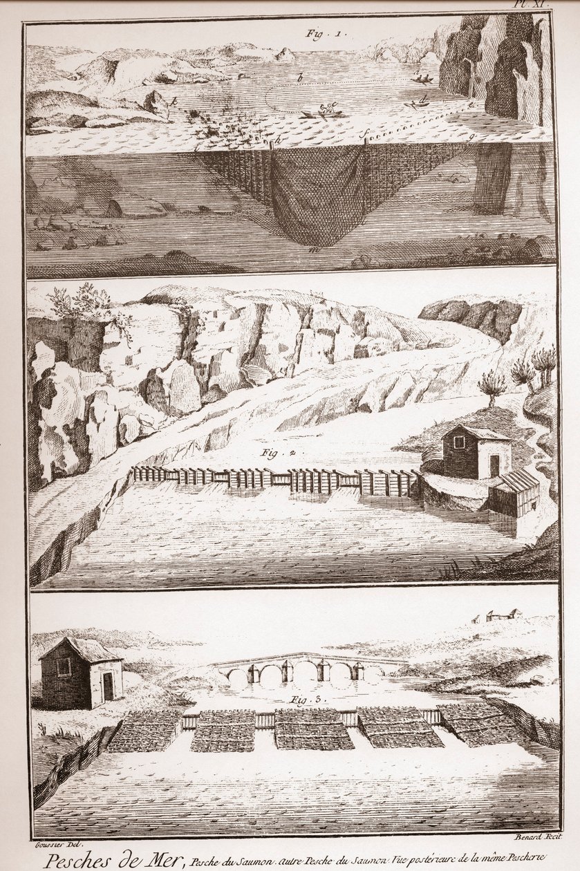 Técnicas de pesca del salmón - Enciclopedia o Diccionario de las Ciencias, Artes y Oficios por Denis Diderot (1713-1784) y Jean d