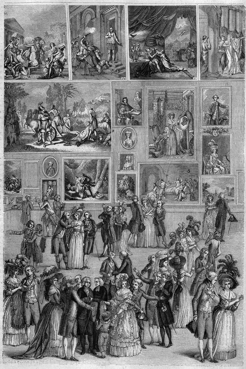 Salón de 1787: vista del Salón Carré en el Louvre durante la exposición de pintura en París. Grabado por Martini en “La Tienda Pintoresca” de French School