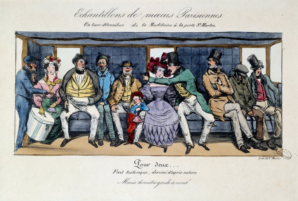 Muestra de la moral parisina: un banco de ómnibus desde la Madeleine hasta la puerta de Saint Martin. Grabados del siglo XIX de French School