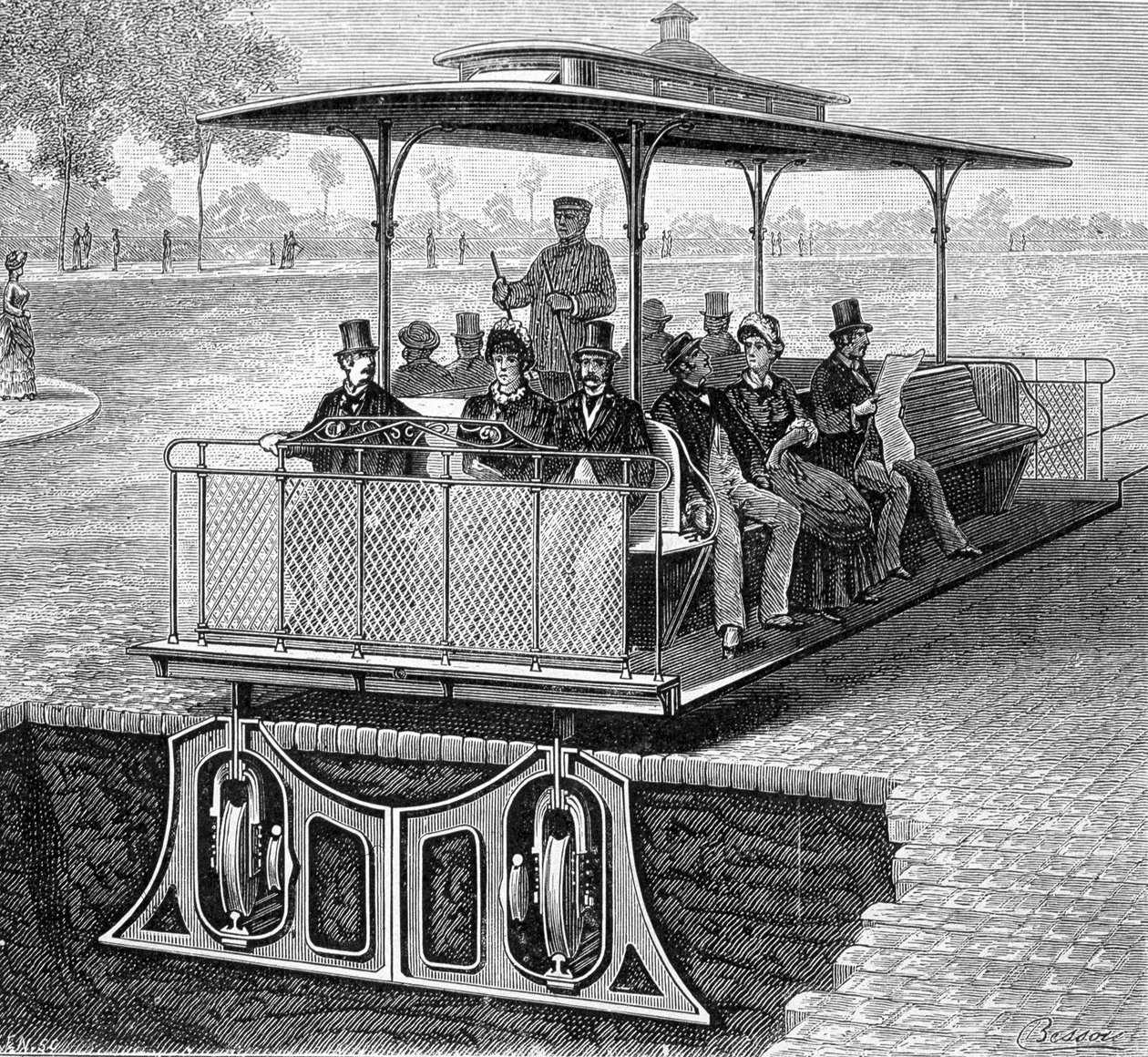 Tranvía funicular de San Francisco con ruedas invisibles - en "Las nuevas conquistas de la ciencia" de Louis Figuier de French School