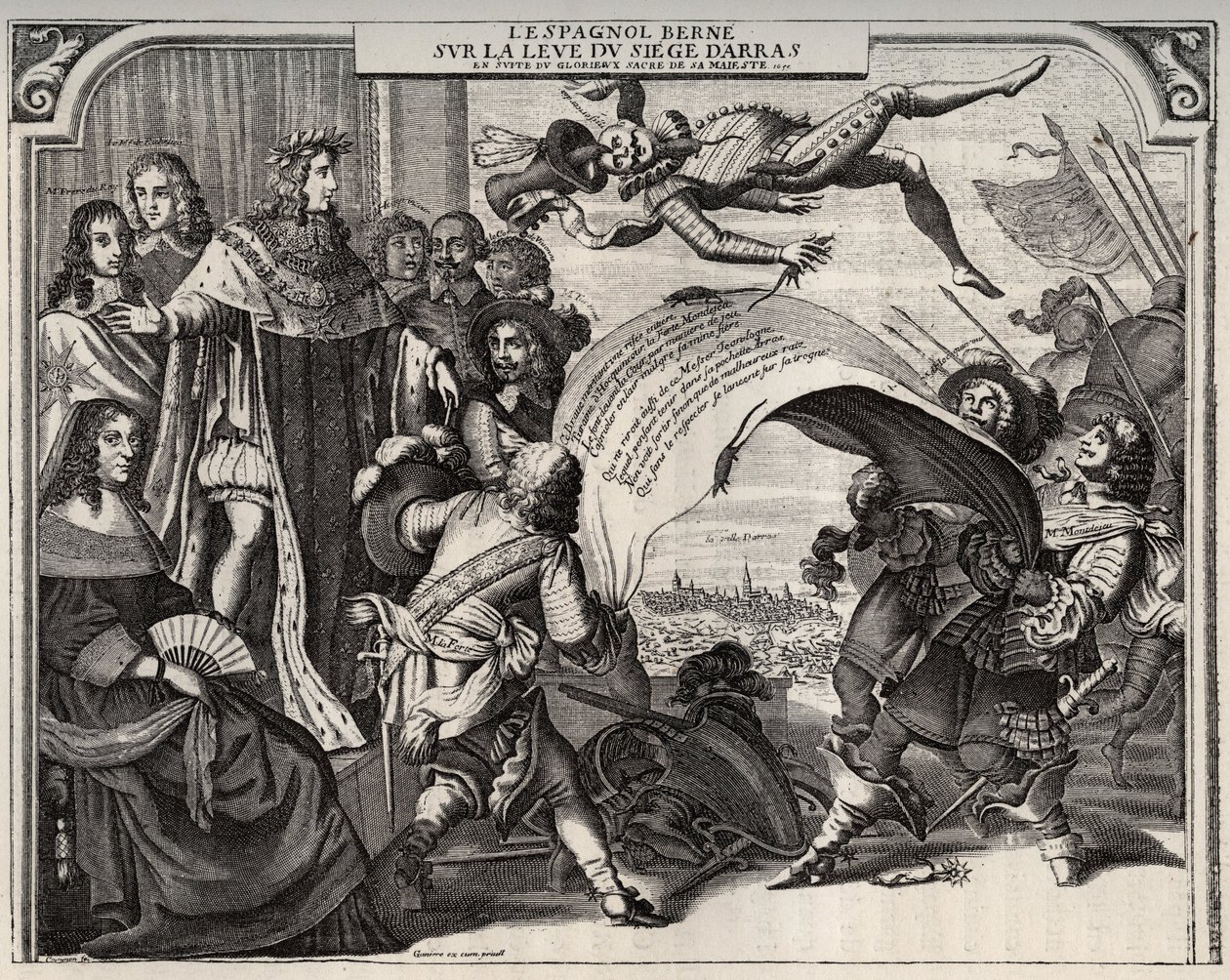 Alegoría satírica sobre el levantamiento del sitio de Arras en 1654 tras la coronación de Luis XIV (1638-1715). En la parte inferior izquierda está la Reina Ana de Austria (1601-1666). De pie junto a Luis XIV, y a la izquierda del rey, el Cardenal Jules Ma de French School
