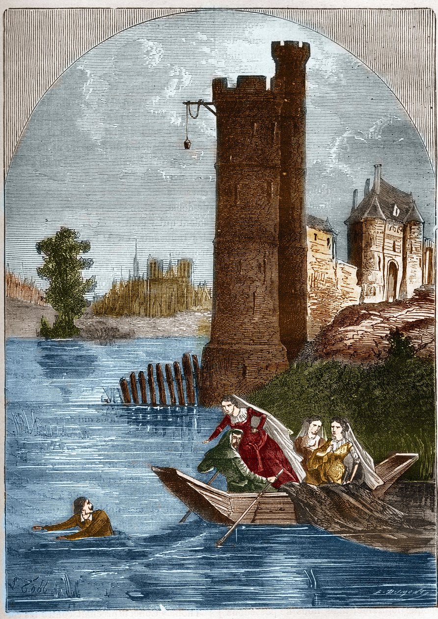 Escándalo (asunto) de la torre de Nesle: Buridan logró escapar de la torre de Nesle en París en 1314 a pesar de la emboscada tendida por la Reina Margarita de Borgoña (1290-1315). Grabado en "Histoire de la prostitution et de la débauche dans les peuples d de French School