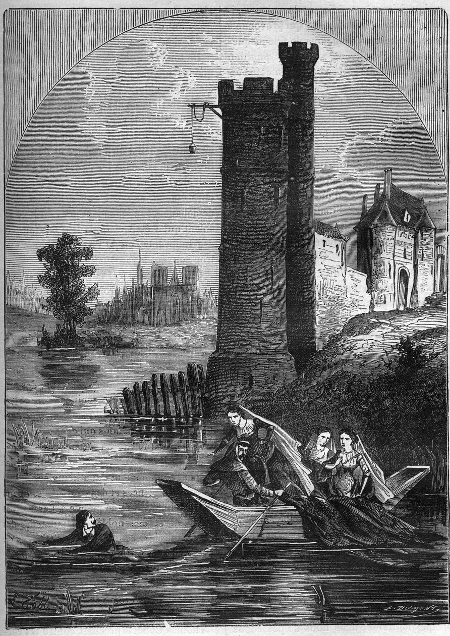 Escándalo (asunto) de la torre de Nesle: Jean Buridan logró escapar de la torre de Nesle en 1314 a pesar de la emboscada tendida por la Reina Margarita de Borgoña (1290-1315). Grabado en “Historia de la prostitución y la depravación entre los pueblos del g de French School