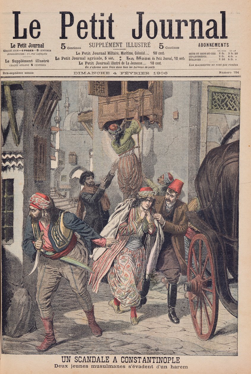 Escándalo en Constantinopla, dos jóvenes musulmanas escapando de un harén, ilustración de 