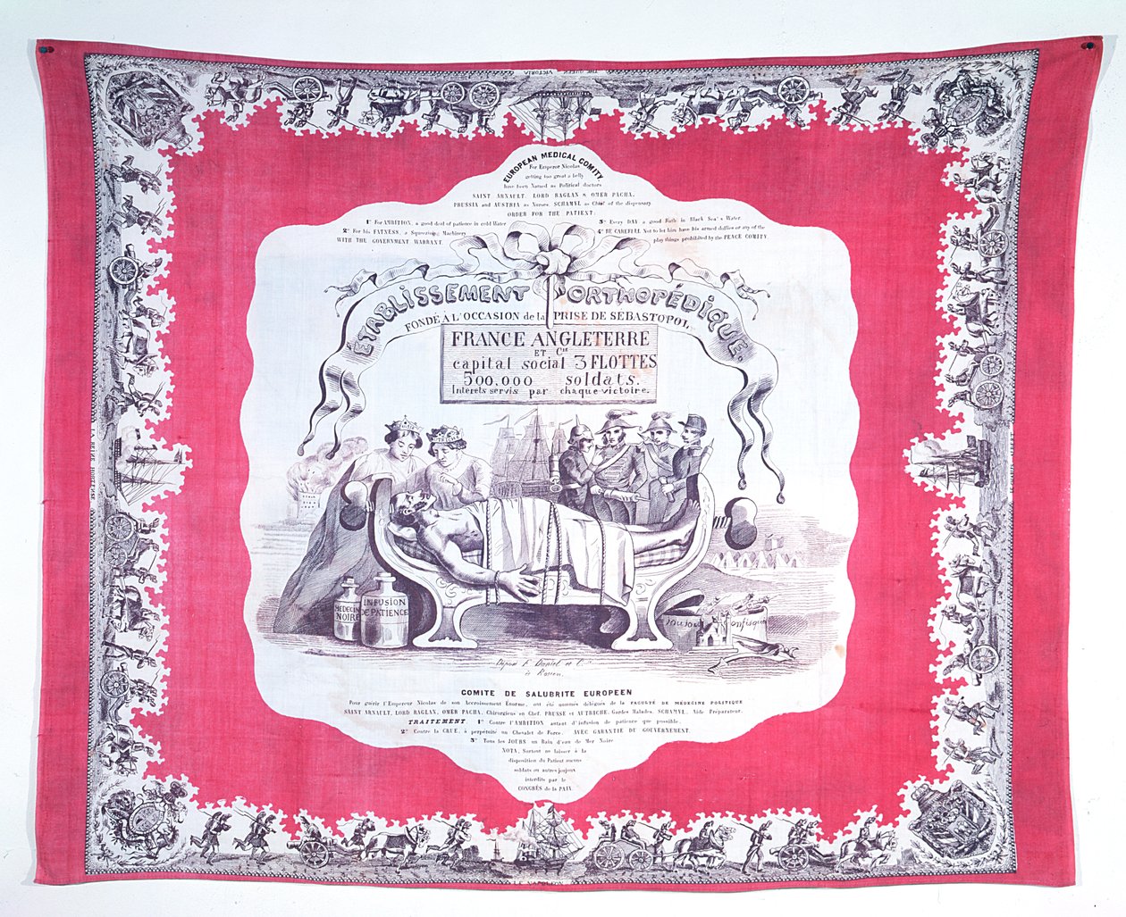 Bufanda caricaturizando a Rusia enferma de codicia y ambición durante la Guerra de Crimea, c.1856 de French School