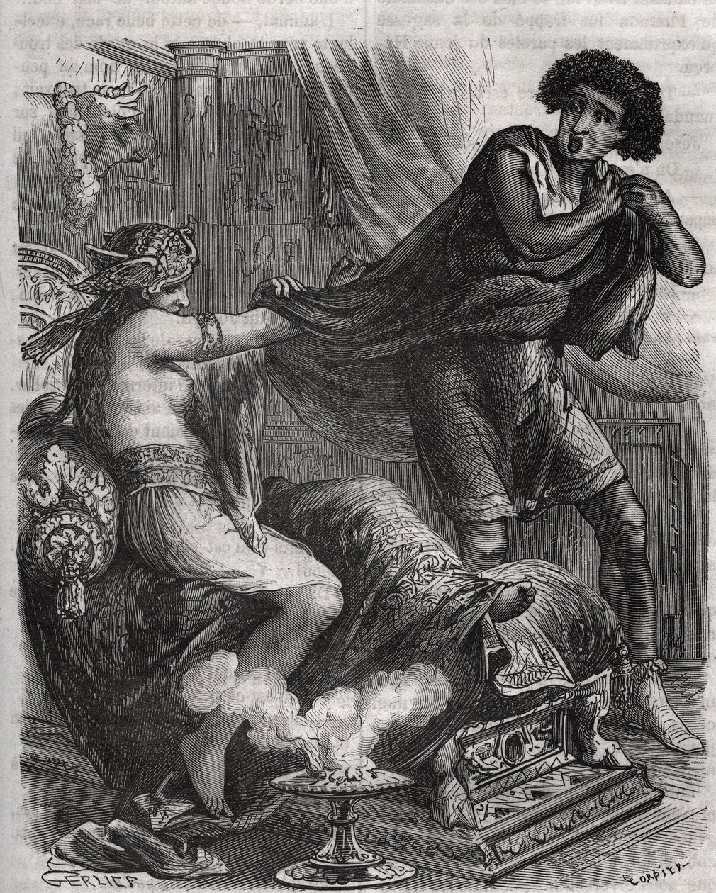 Escena de la Biblia: "Ella agarró al joven demasiado virtuoso por su túnica". La esposa de Putifar intenta seducir a José, un esclavo del faraón. Grabado de 1871 en "Histoire Des Cocus Celebres" de Henry de Kock (1819-1892) de French School