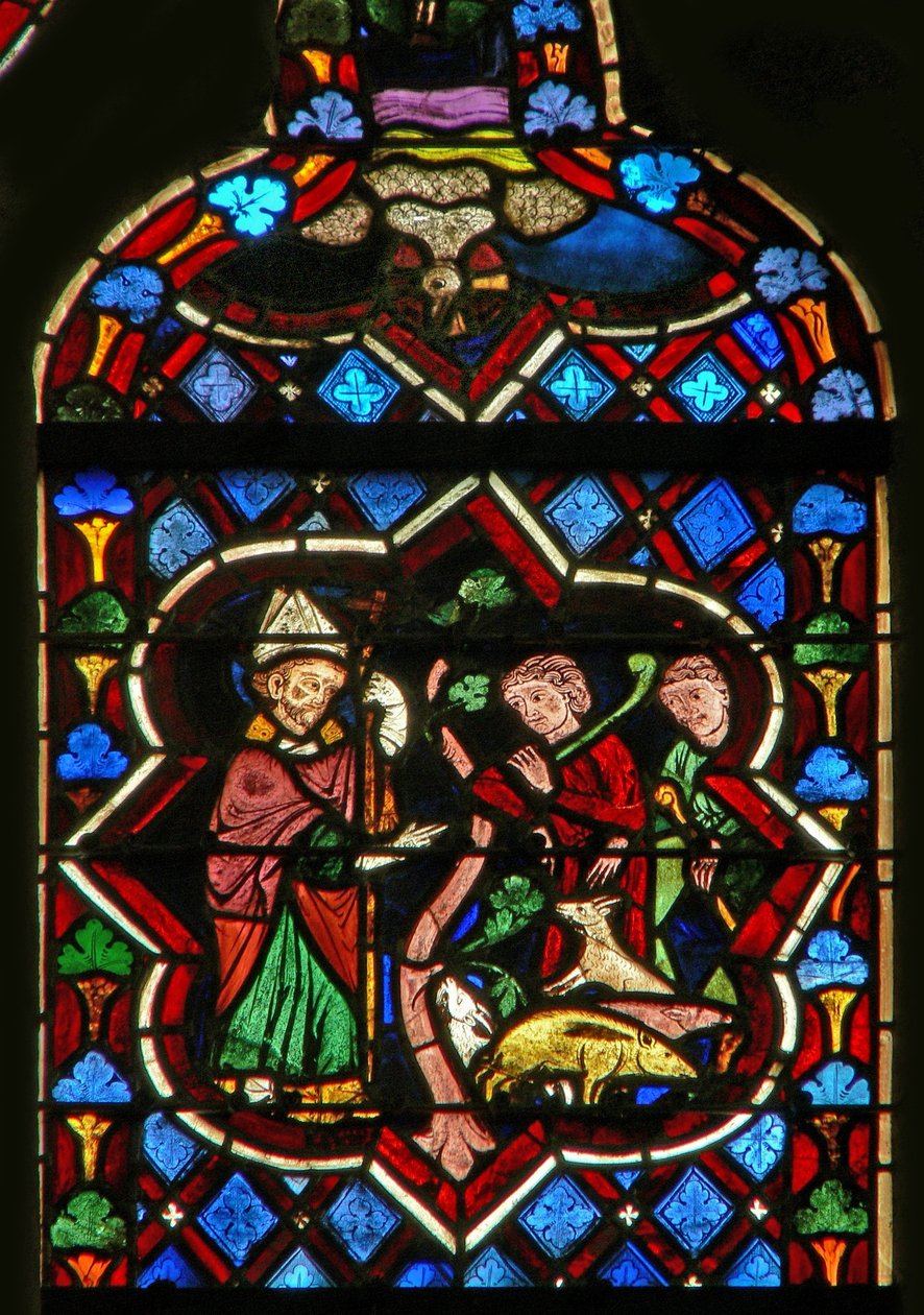 Escena en la ventana E que representa a San Sansón convirtiendo cerdos en cabras de French School