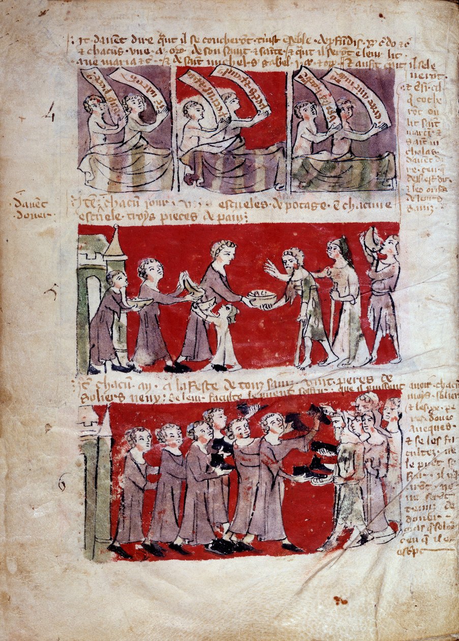 Escena de la vida estudiantil en el Colegio Hubant o Ave María en París. Escenas de la vida estudiantil y reglamentos del colegio. Tiras 4 a 6. Página manuscrita "Libro de los estatutos del Colegio de Hubant o del Ave María" 1387 París, archivos nacionales de French School