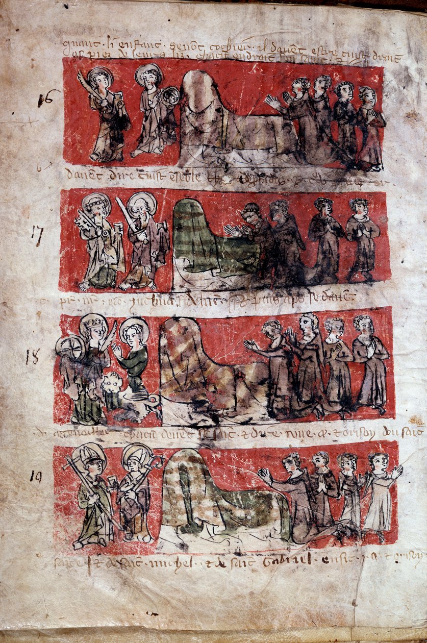 Escena de la vida estudiantil en el Colegio de Hubant o Ave María en París. Escenas de la vida estudiantil (representaciones de evangelistas) y reglamentos del colegio. Bandas 16 a 19. Página manuscrita "Libro de los estatutos del Colegio de Hubant o del A de French School