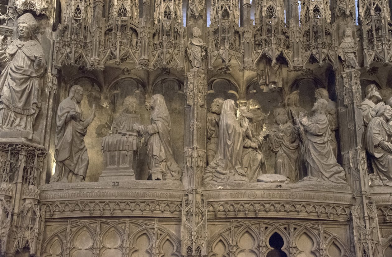 Escena del coro de la catedral de Chartres: a la izquierda: aparición de Cristo a su madre, a la derecha: ascensión de French School