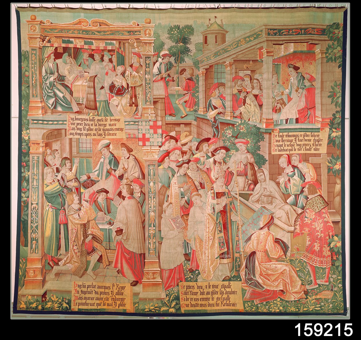 Escenas de la vida de San Remigio: El milagro del testamento del hombre rico y la resurrección de un hombre muerto, 1531 de French School