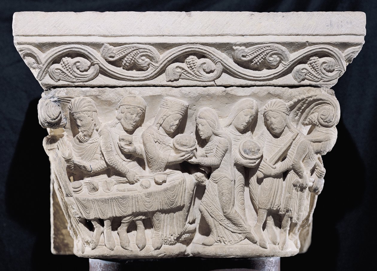 Escenas de la muerte de San Juan Bautista, relieve de un capitel de French School