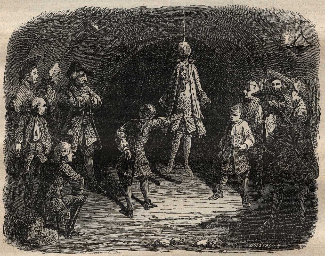 Escuela de ladrones creada por el bandido Louis Dominique Garthausen llamado Cartouche (1693-1721) en una cantera en París: un modelo colgado del techo cuyas bolsas deben vaciarse sin moverse bajo pena de recibir una lluvia de disparos - Escuela de ladrone de French School