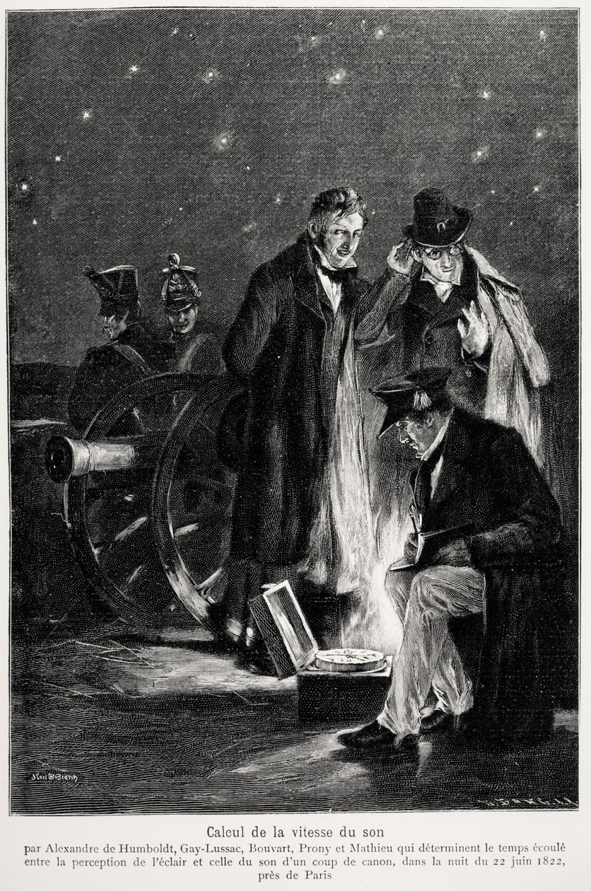 Experimento científico: el cálculo de la velocidad del sonido, por Humboldt, Louis-Joseph Gay-Lussac, Bouvard, Prony y Mathieu, que determinan el tiempo que transcurre entre la percepción de la luz y la de un disparo de cañón, en la noche de French School