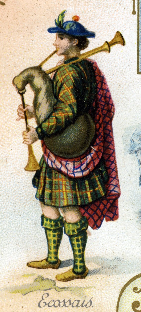 Hombre escocés. Edición de la litografía parisina, finales del siglo XIX. Serie de 25 cromos publicitarios para la fábrica de galletas Pernot de Dijon, creada en 1869. Detalle de los personajes en traje tradicional de French School