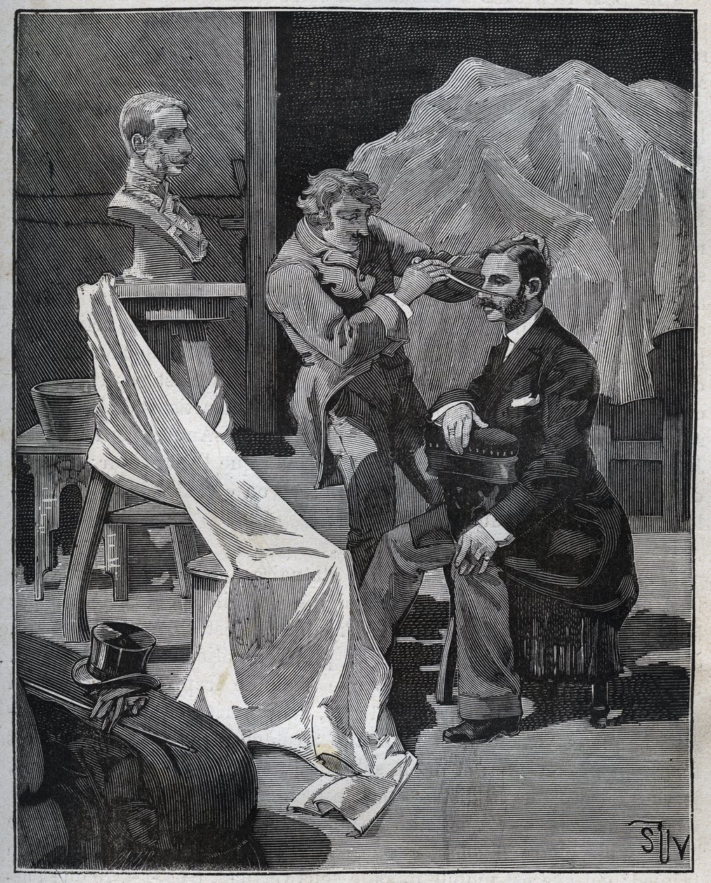 Escultura, taller de un escultor, enfoque y escultura de un busto. Grabado de 1880 en “Les arts et métiers illustrés” por Adolphe BITARD. de French School