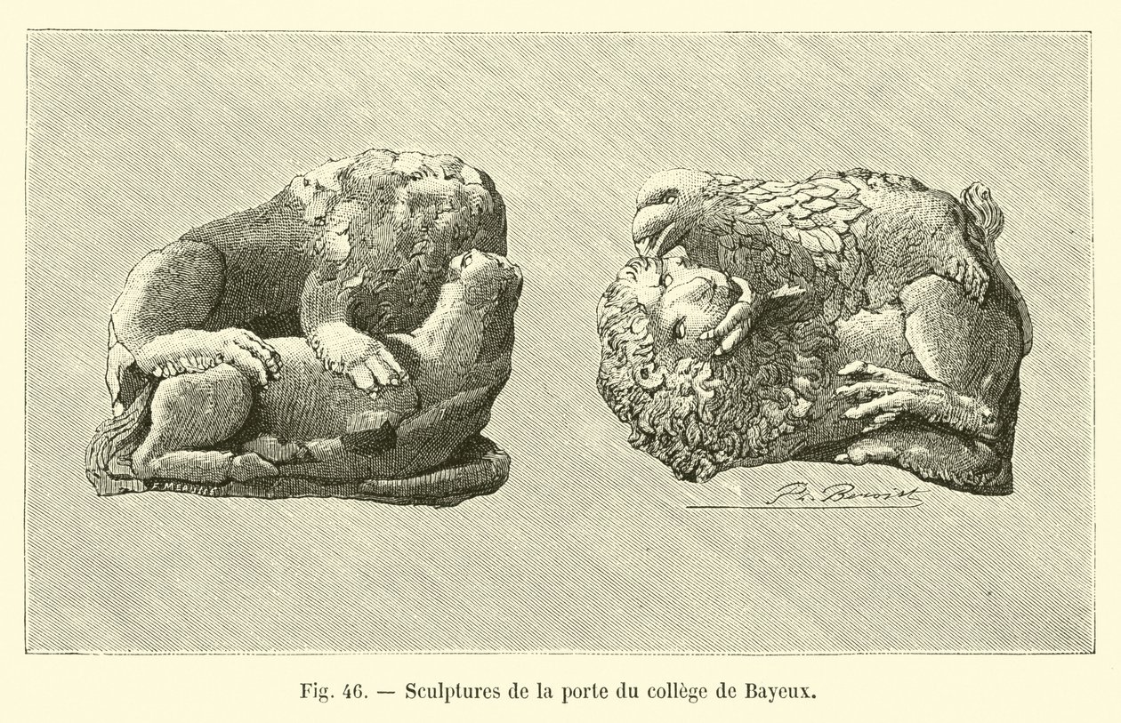 Esculturas en la puerta del colegio de Bayeux (grabado) de French School
