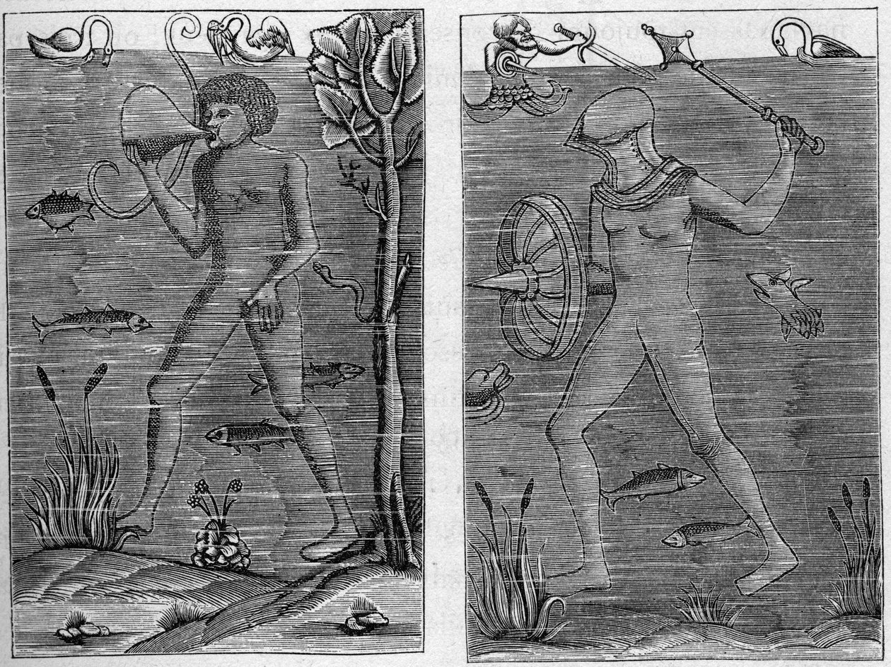 Soldado de mar: el buzo y el hombre de armas. Grabados de figuras de madera del siglo XVI. En 