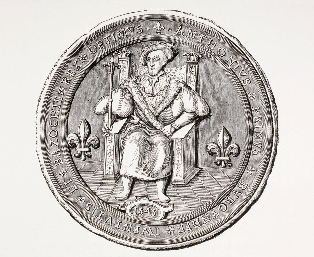 Sello del Rey de la Basoche, líder del gremio de escribanos legales del sistema judicial de París, de Les Arts au Moyen Age, publicado en 1873 de French School