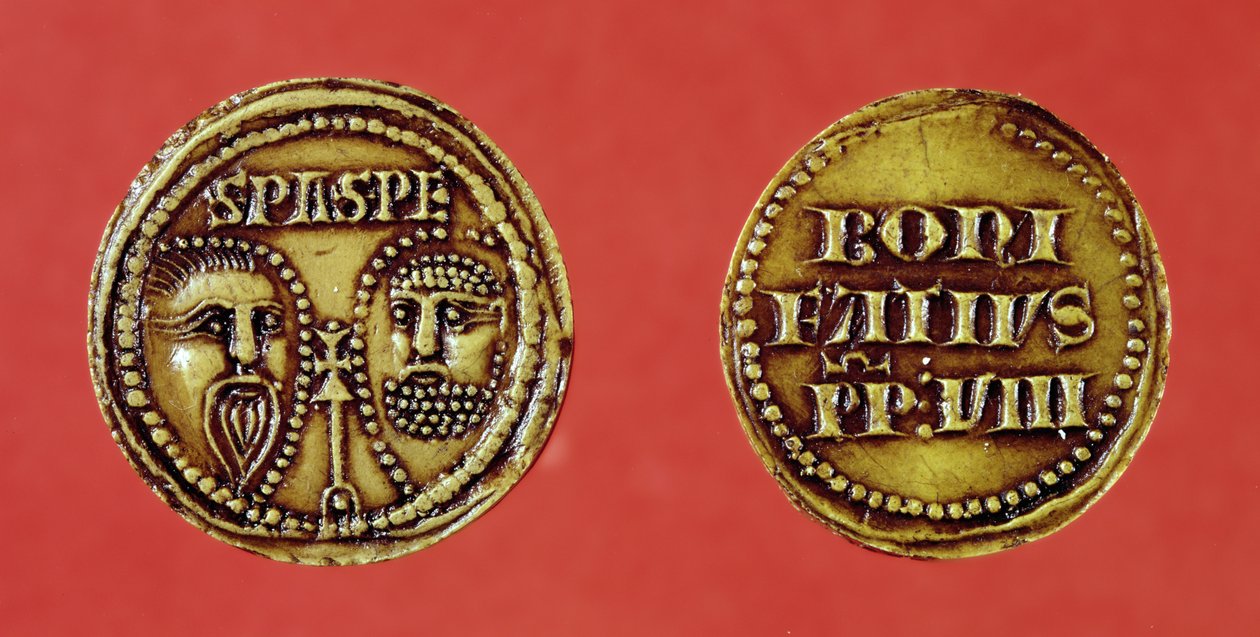 Sello con las cabezas de San Pablo y San Pedro, de una bula del Papa Bonifacio VIII, anverso y reverso, 1295 (cera) de French School