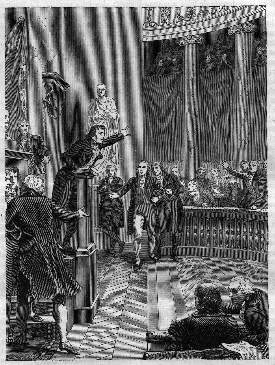 Sesión del Tribunado: discurso de Benjamin Constant (1767-1830) en la tribuna denunciando el régimen establecido por Napoleón, enero de 1800 - Grabado de 1865 en “Histoire du Consulat et de l