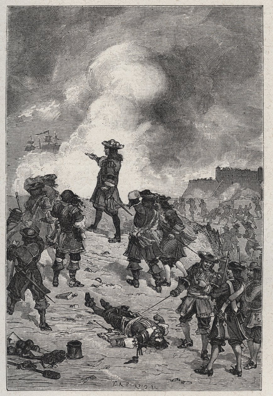 Sebastián el Prestre señor de Vauban (1633-1717), mariscal de Francia defiende Brest contra un ataque de la flota inglesa en 1695 - grabado en “Les Hommes Celebres de la France” por Louis Dumas 1889 de French School