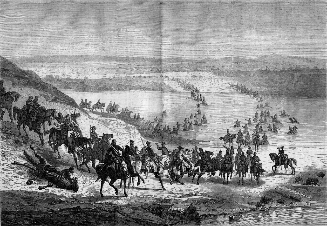 Guerra de Secesión (1861-1865) o Guerra Civil Americana: cruce del Potomac por la caballería sureña del General Stuart. Grabado en 