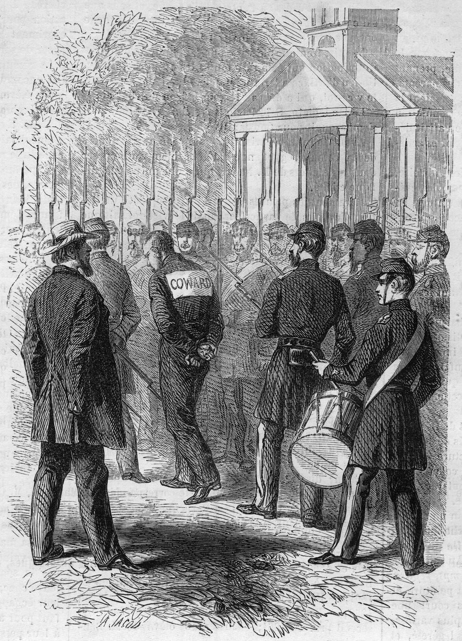 Guerra de Secesión (1861-1865) o Guerra Civil Americana: castigo de un soldado del ejército del norte acusado de cobardía en combate. Con las manos atadas, un cartel de “Cobarde” en su espalda, cruza el campamento al sonido del tambor. Grabado en “Le Monde de French School