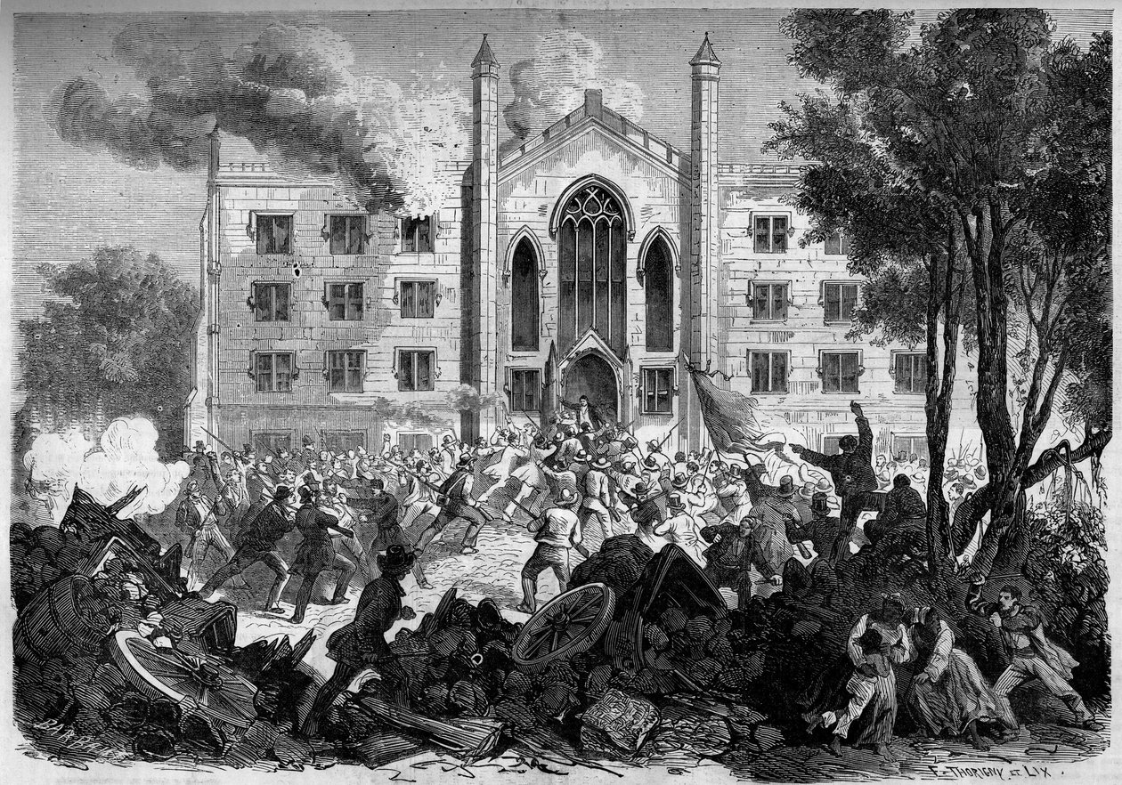 Guerra de Secesión o Guerra Civil Americana (1861-1865) - Nueva York - Julio de 1863: oposición a la conscripción, los insurgentes incendiaron el asilo de huérfanos de color en la ciudad de Nueva York durante los "Disturbios del Reclutamiento". Grabado en  de French School