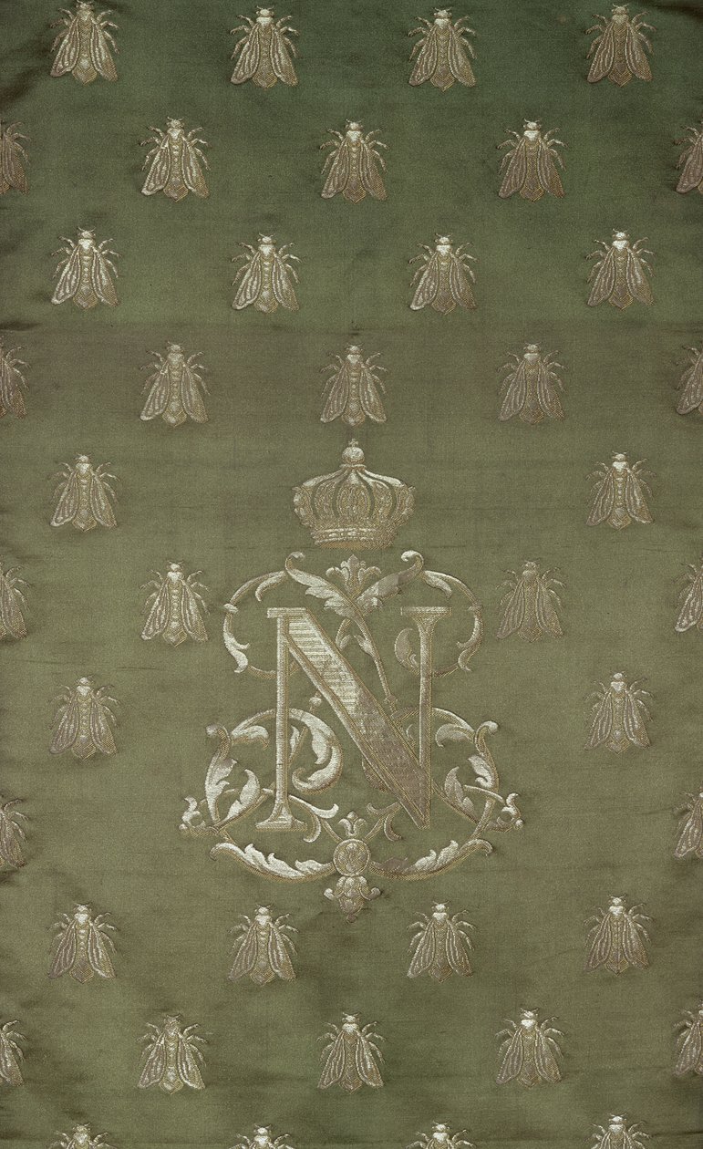 Sección de damasco verde y dorado con el emblema y el escudo real de Napoleón III (1808-73) de French School