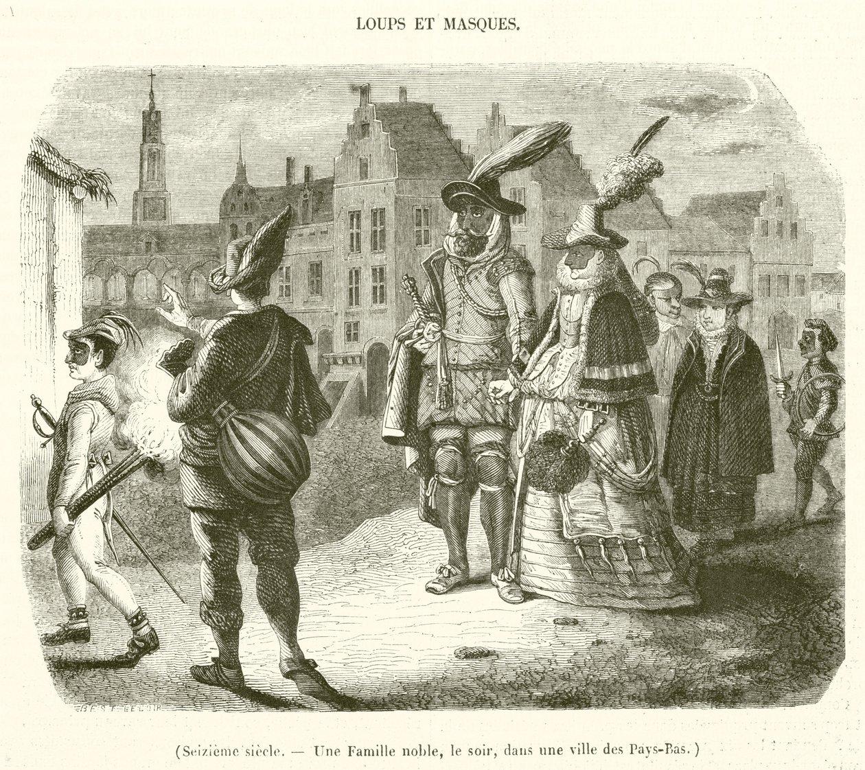 Siglo XVI, Una familia noble, al atardecer, en una ciudad de los Países Bajos (grabado) de French School