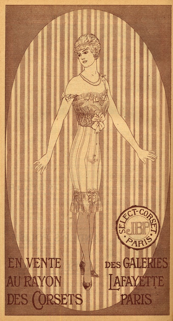 Corsé JPB selecto a la venta en el departamento de corsés de Galeries Lafayette en París - 1914 de French School