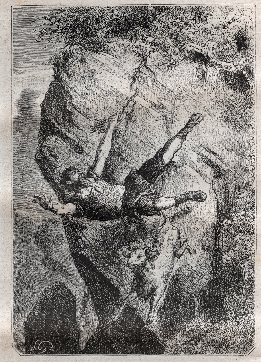 Selkirk rodando con su presa; una aventura de Alexandre Selkirk, un marinero escocés abandonado en la Isla de Juan-Fernández en el Océano Pacífico durante cuatro años cuya aventura inspiró la novela Robinson Crusoe de Daniel Defoe de French School