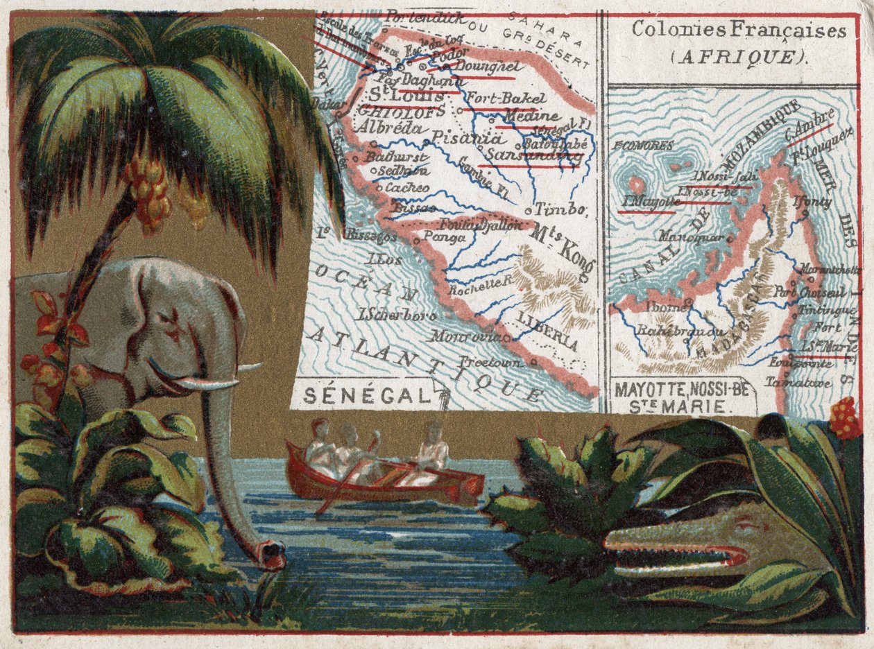 Senegal, Mayotte, Isla de Santa María, Nossi Be (Nossi-be o Nosy-be), África. Elefante, cocodrilo y barco en un río. Serie sobre las colonias francesas. Cromolitografía “el hilo geográfico”, circa 1920. Colección privada. de French School