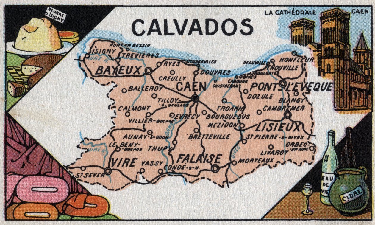 Serie de los mapas de los departamentos franceses: Le Calvados, principios del siglo XX (cromo) de French School