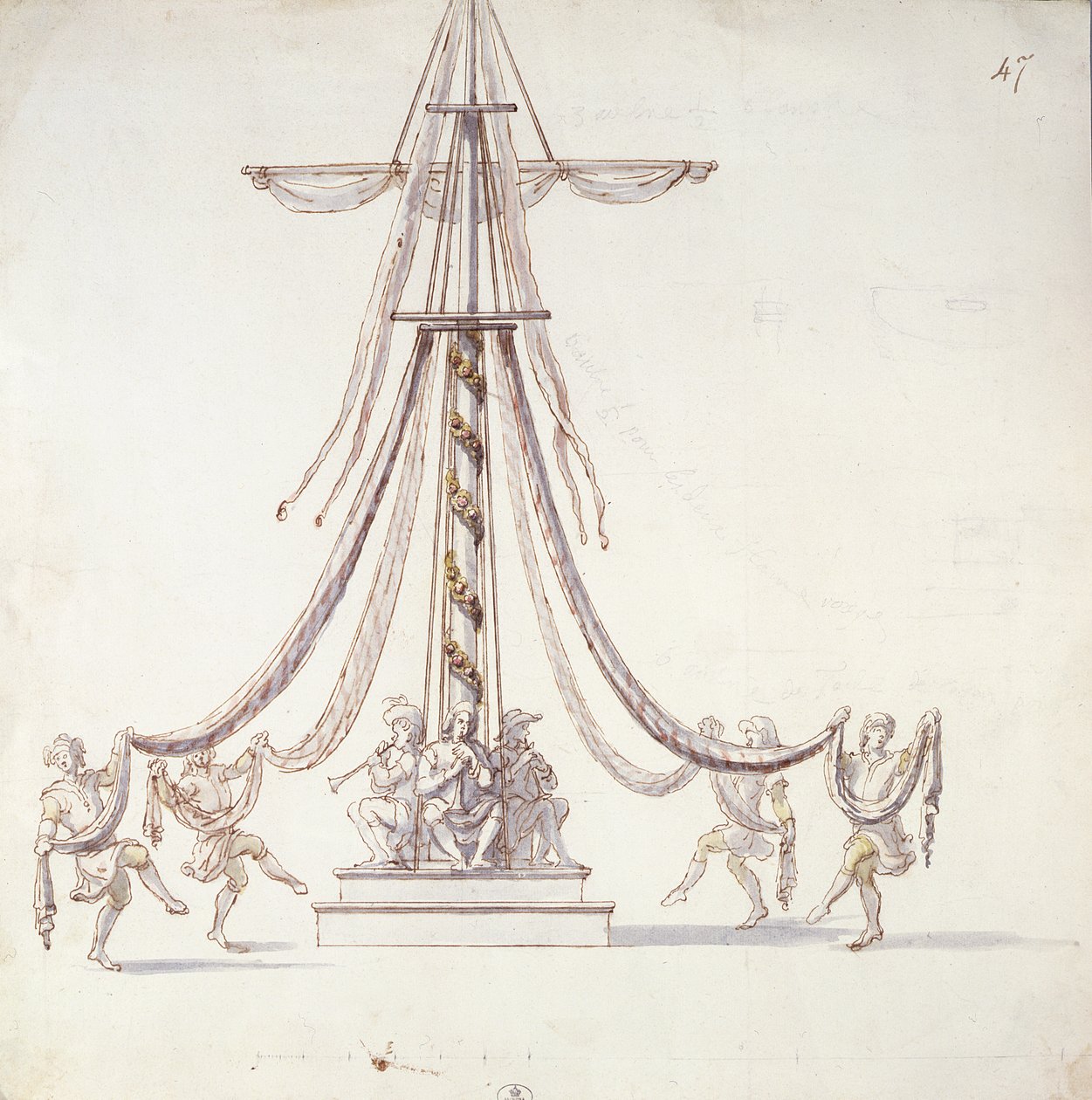 Diseño de escenario para un ballet con marineros bailando alrededor de un mástil, de una colección titulada Les Menus Plaisirs du Roi de French School