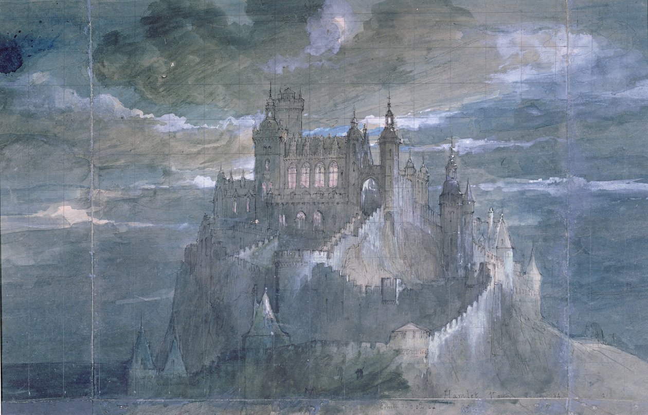 Diseño de escenario para una producción de Hamlet (Acto Uno) en la Comédie Française, 1884 de French School
