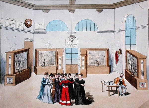 Diseño de escenario para una opereta con mujeres operadoras en una central telefónica. finales del siglo XIX de French School