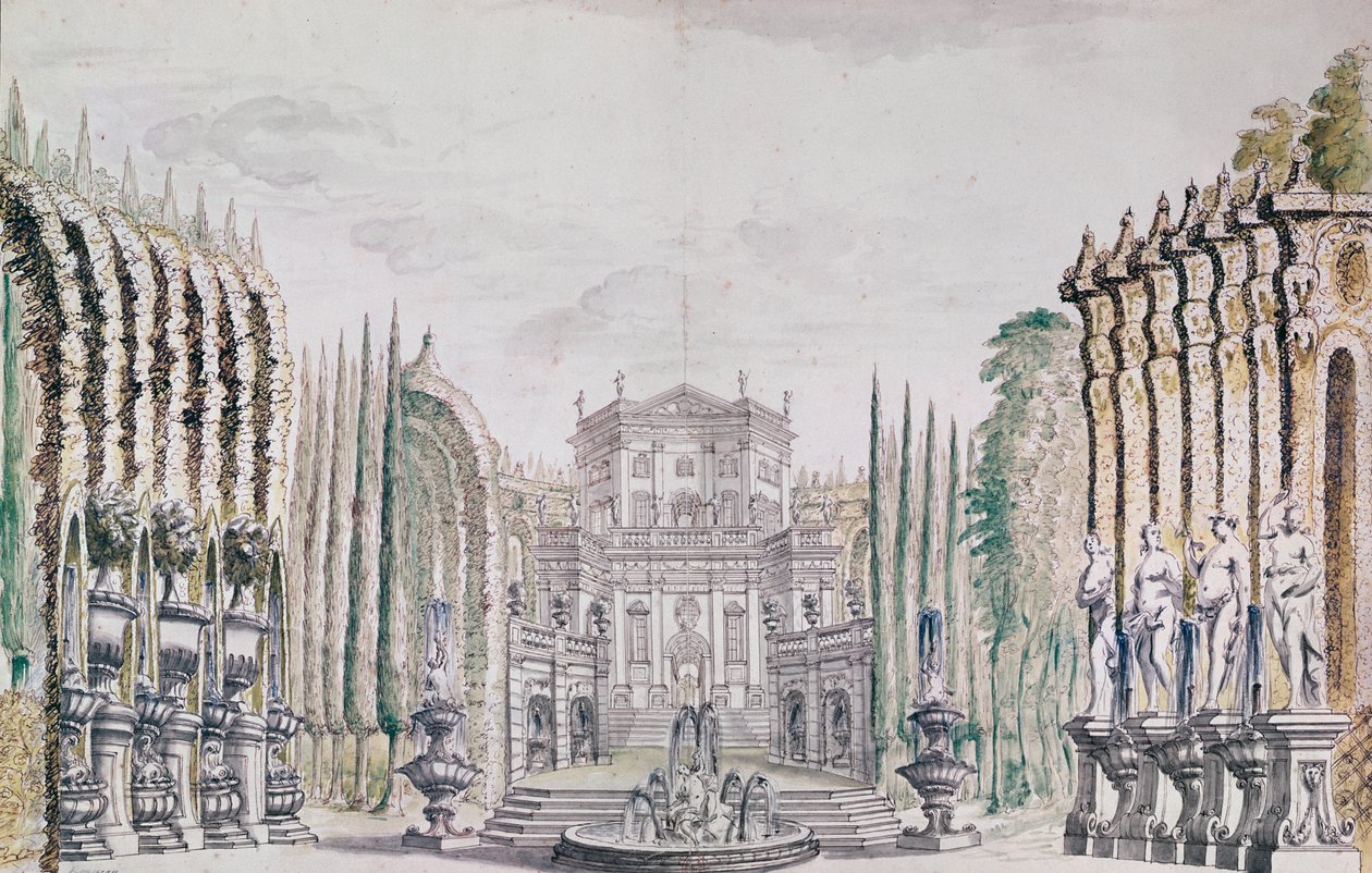 Diseño de escenario de un palacio para un teatro, c.1660-80 de French School