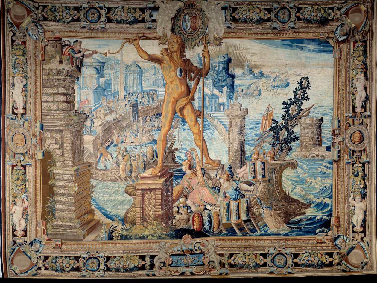 Siete maravillas del mundo: el Coloso de Rodas (estatua de Helios). Tapiz realizado por el taller de los Gobelinos. Siglo XVII París, Museo de los Gobelinos de French School