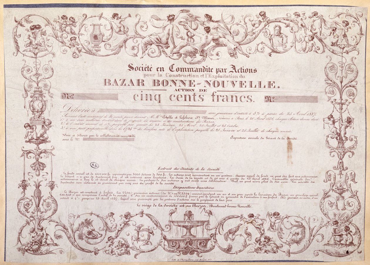 Certificado de Acción por 500 francos para el Bazar Bonne-Nouvelle, 1836 de French School
