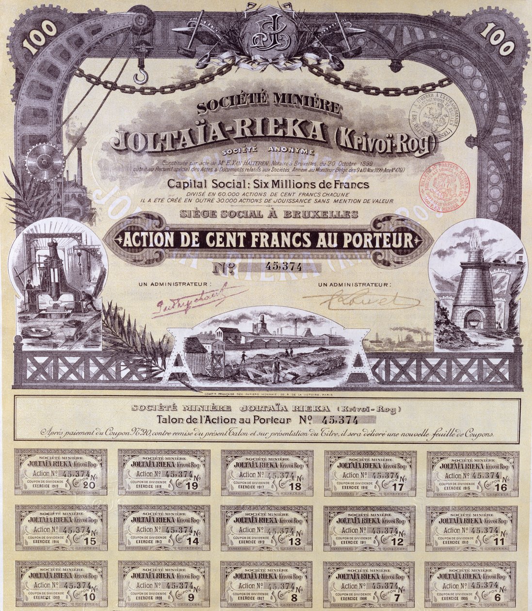 Certificado de acciones por 100 francos para la compañía minera franco-rusa Joltaia-Rieka, 1899 de French School